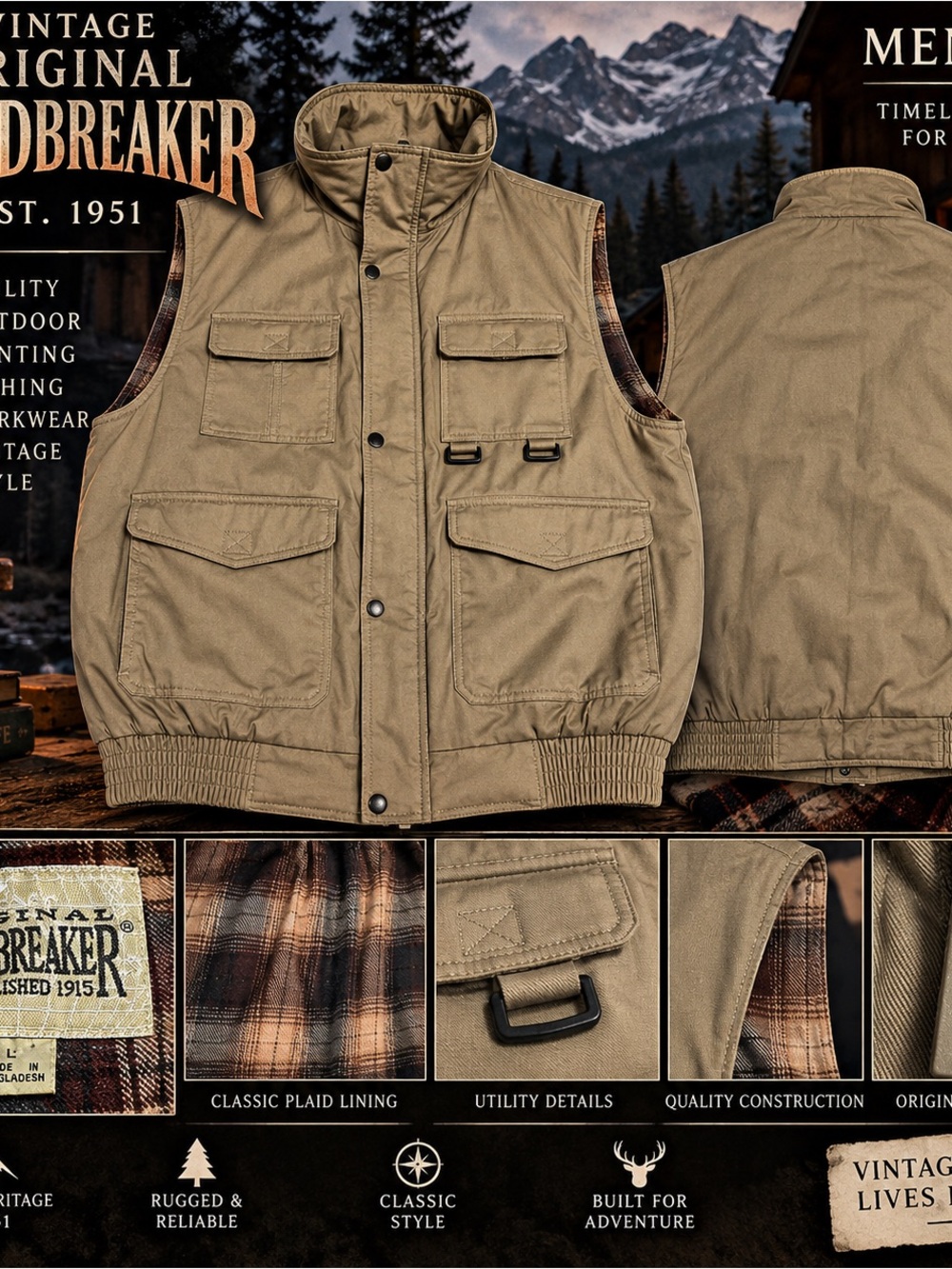 Vintage Windbreaker Utility Vest Mens L Tan Plaid Lined Fishing Hunting Pockets